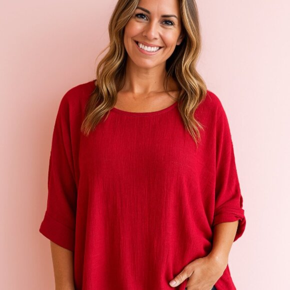 Max Studio Red Pink Blouse Top Short Sleeve 3X New NWT - Picture 1 of 12
